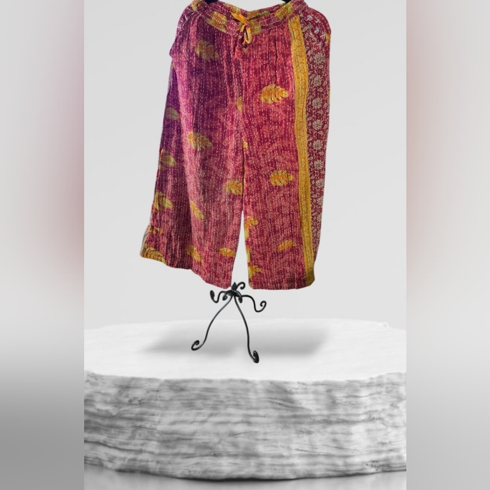Kantha Cropped Drawstring Wide Leg Pants Size L